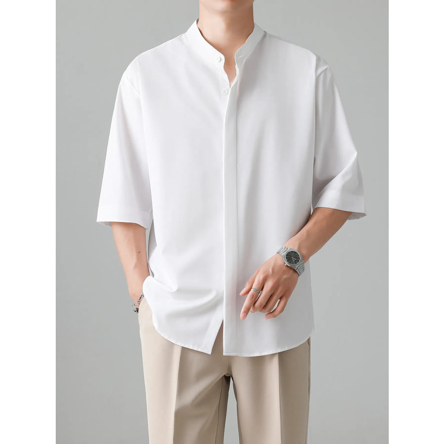 Men’s Full Size Casual Mandarin Collar Half Sleeve Shirt Plus Size White / S Apparel and Accessories