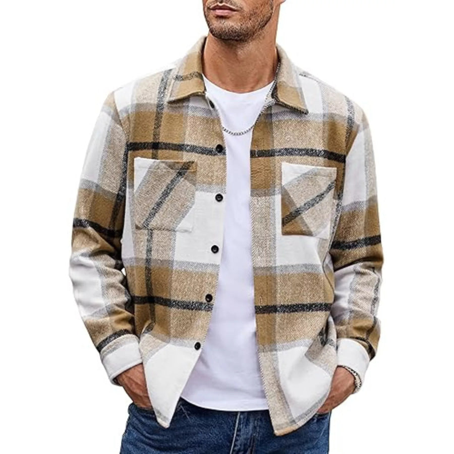 Men’s Full Size Casual Plaid Button Up Shirt Plus Size Apricot / S Apparel and Accessories