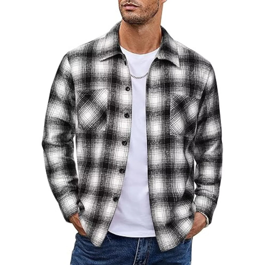 Men’s Full Size Casual Plaid Button Up Shirt Plus Size Black And White / S Apparel and Accessories