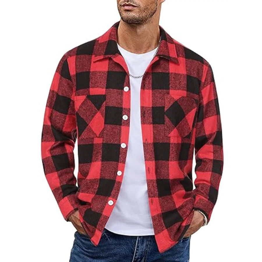 Men’s Full Size Casual Plaid Button Up Shirt Plus Size Blackish Red / S Apparel and Accessories