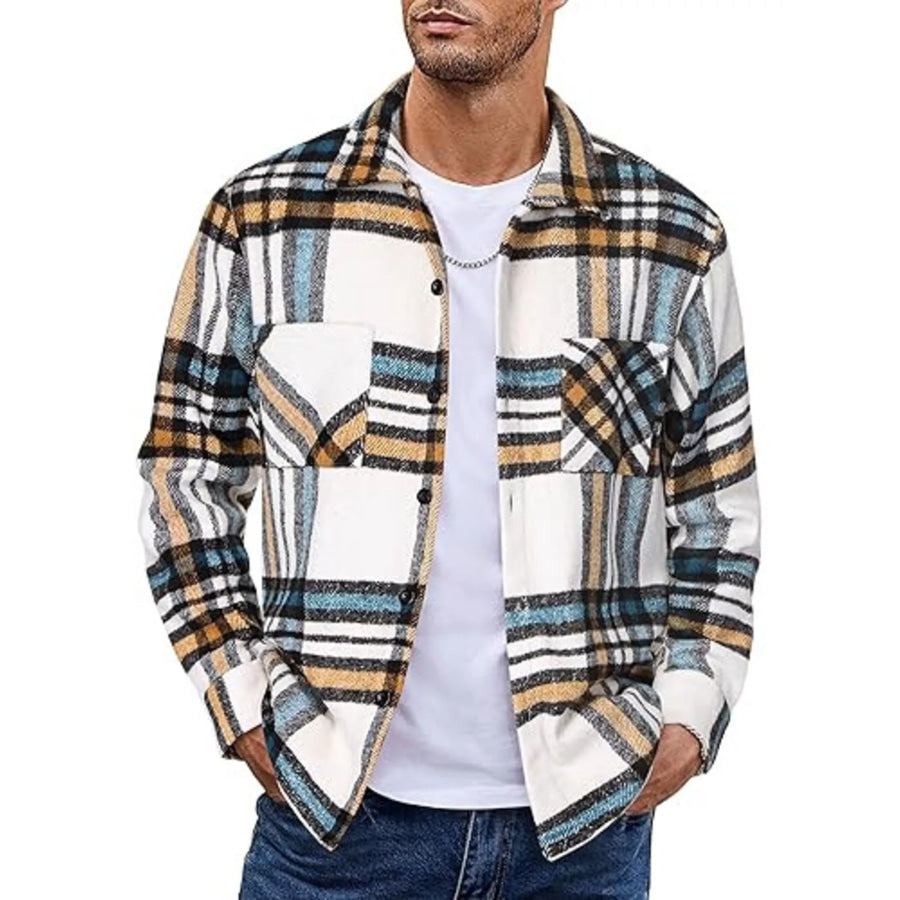 Men’s Full Size Casual Plaid Button Up Shirt Plus Size Blue And White / S Apparel and Accessories