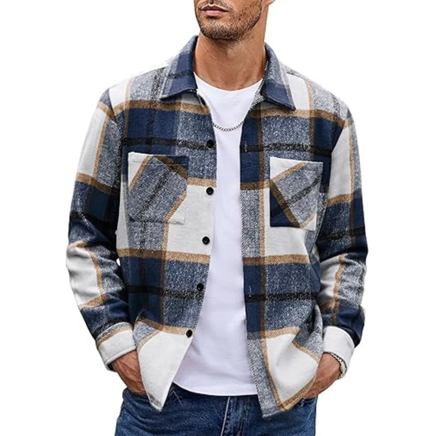 Men’s Full Size Casual Plaid Button Up Shirt Plus Size Blue / S Apparel and Accessories