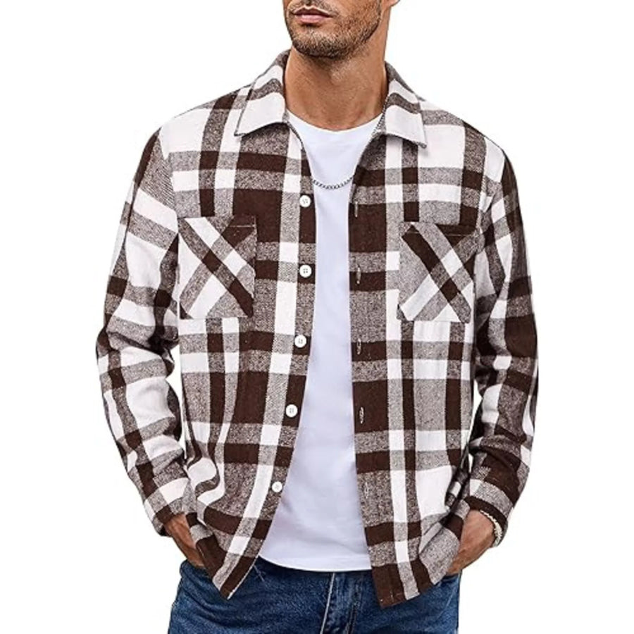 Men’s Full Size Casual Plaid Button Up Shirt Plus Size Brown / S Apparel and Accessories