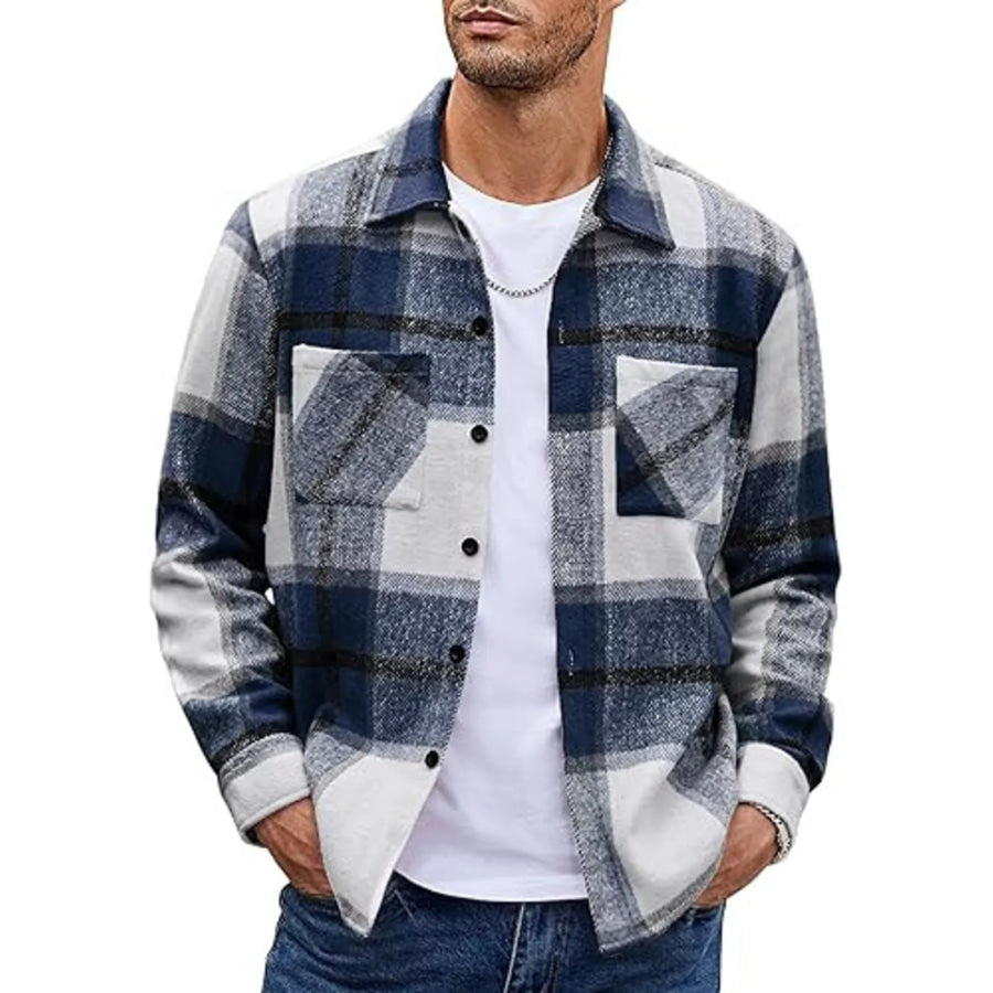 Men’s Full Size Casual Plaid Button Up Shirt Plus Size Dark Blue / S Apparel and Accessories