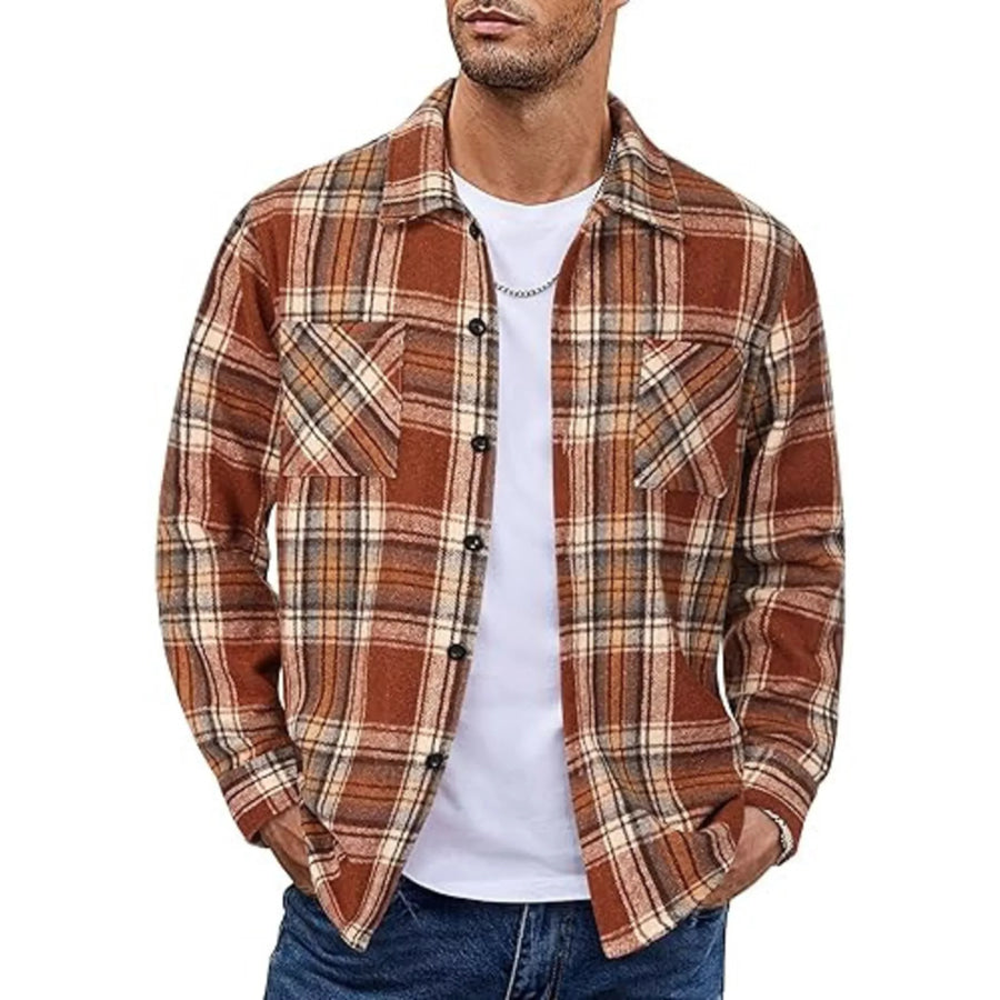 Men’s Full Size Casual Plaid Button Up Shirt Plus Size Dark Brown / S Apparel and Accessories