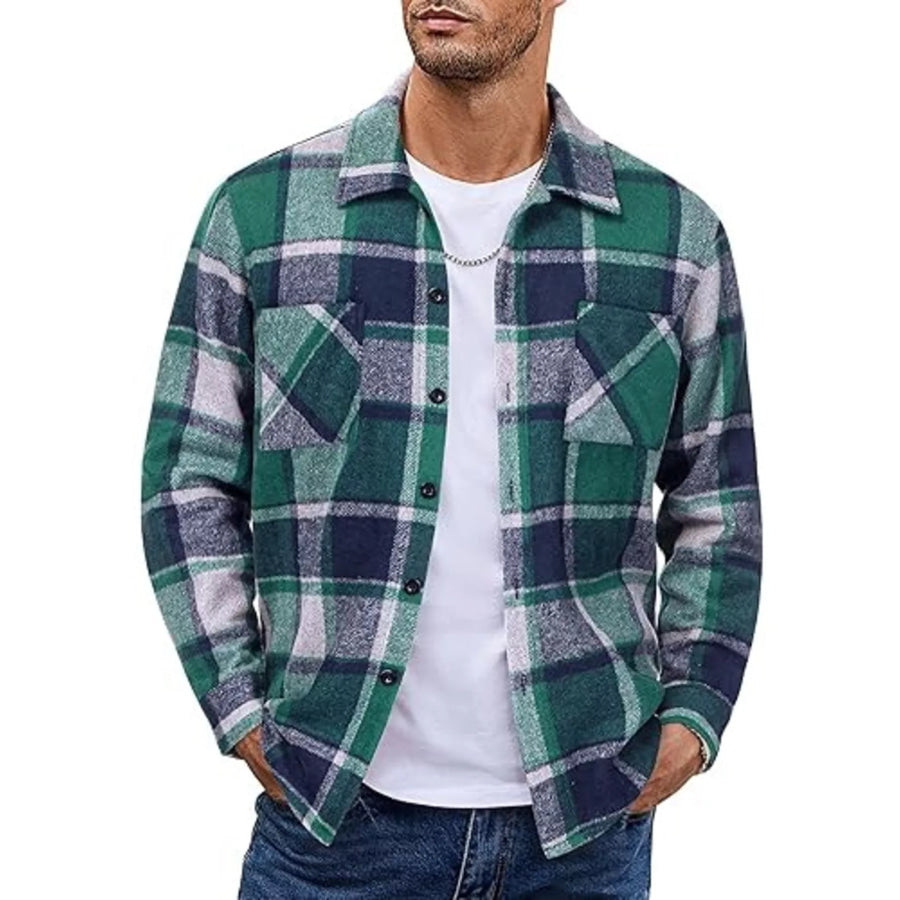 Men’s Full Size Casual Plaid Button Up Shirt Plus Size Gray Green / S Apparel and Accessories