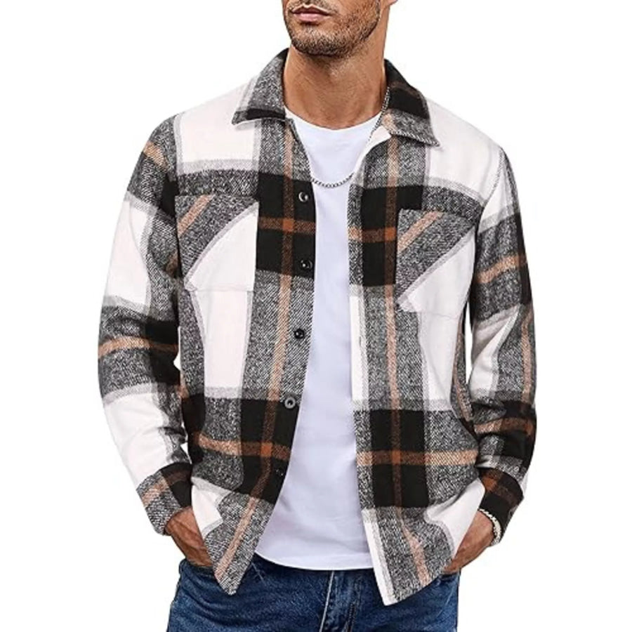Men’s Full Size Casual Plaid Button Up Shirt Plus Size Gray / S Apparel and Accessories