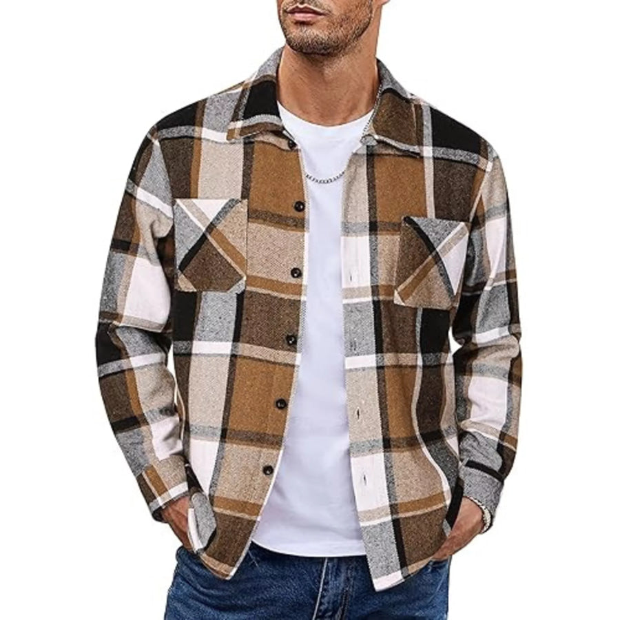 Men’s Full Size Casual Plaid Button Up Shirt Plus Size Khaki Gray / S Apparel and Accessories