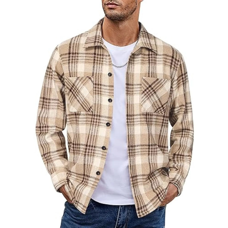 Men’s Full Size Casual Plaid Button Up Shirt Plus Size Khaki / S Apparel and Accessories