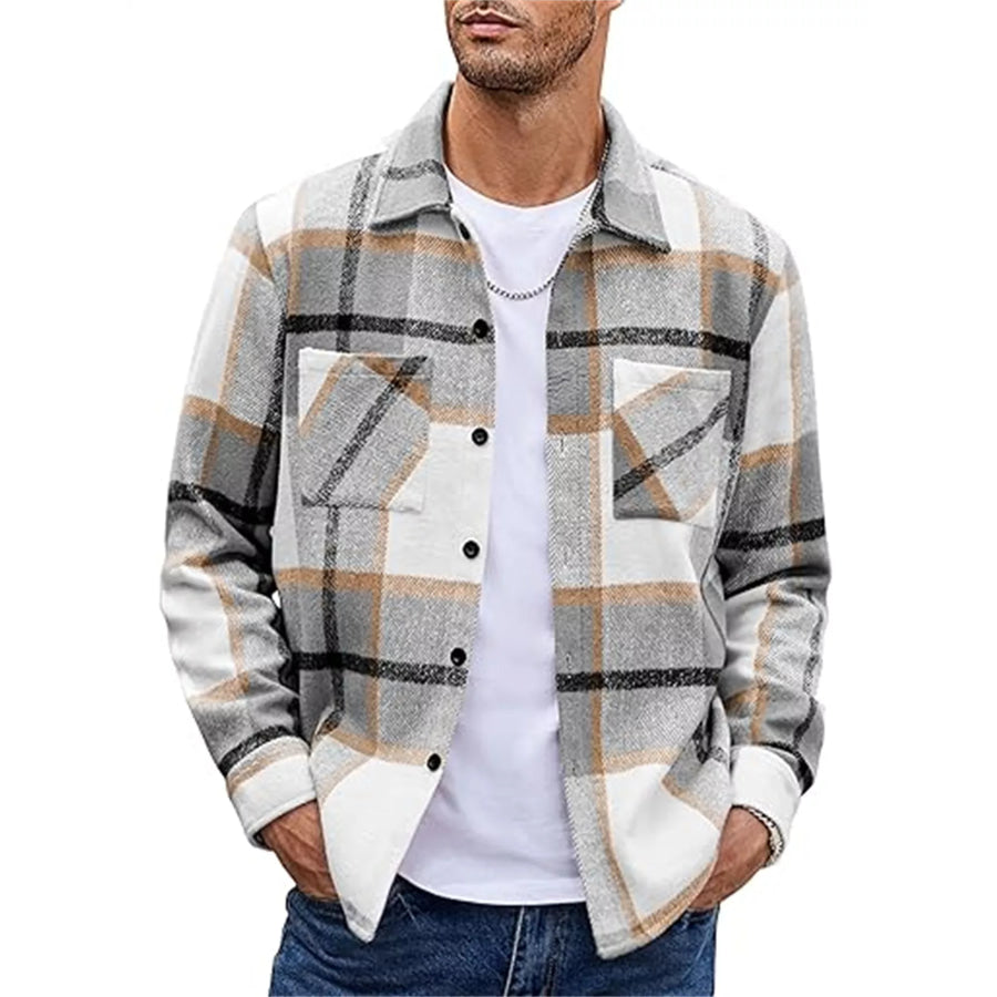 Men’s Full Size Casual Plaid Button Up Shirt Plus Size Light Gray / S Apparel and Accessories