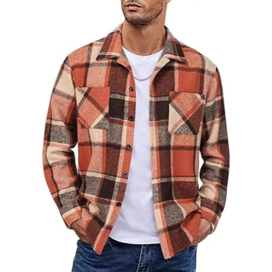 Men’s Full Size Casual Plaid Button Up Shirt Plus Size Orange Red / S Apparel and Accessories