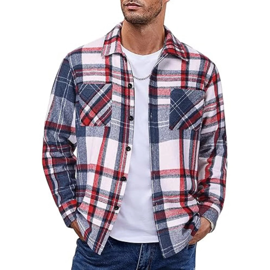 Men’s Full Size Casual Plaid Button Up Shirt Plus Size Red And Blue / S Apparel and Accessories