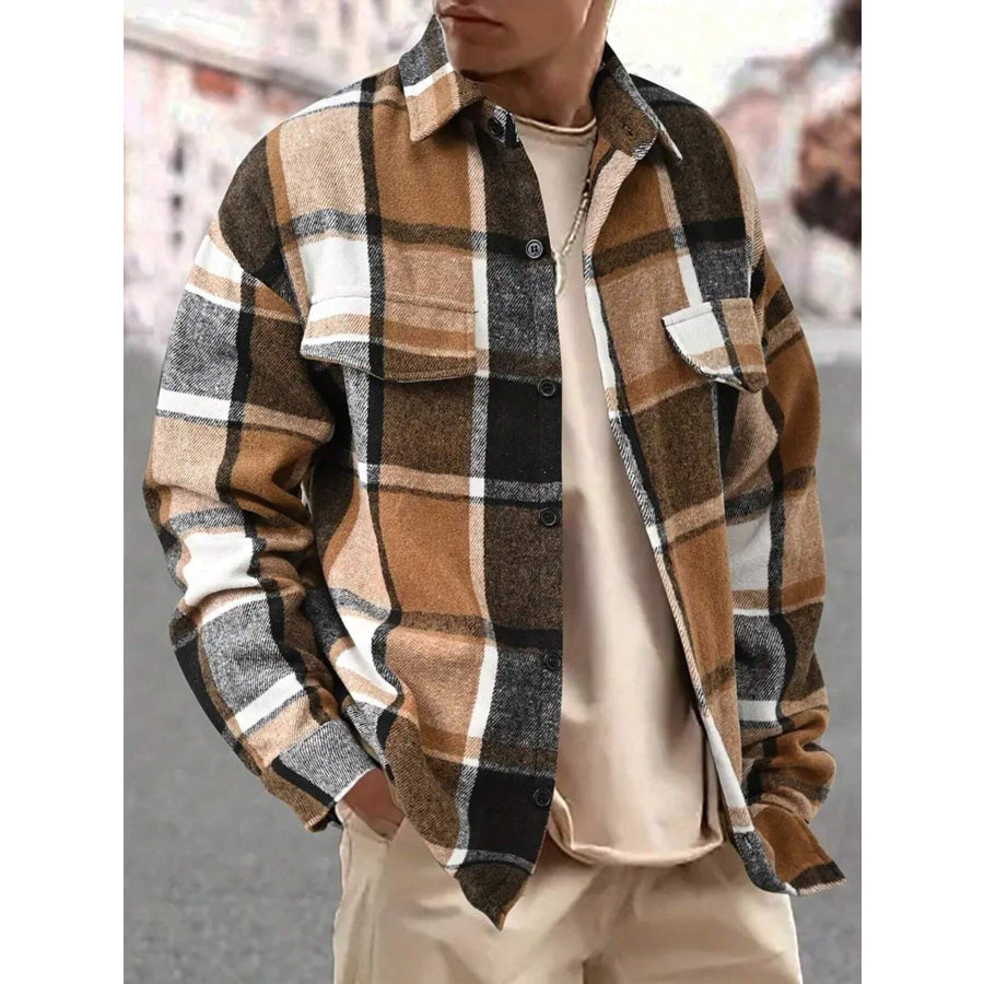Men’s Full Size Casual Plaid Button Up Shirt with Dual Chest Pockets Plus Camel / S Apparel and Accessories