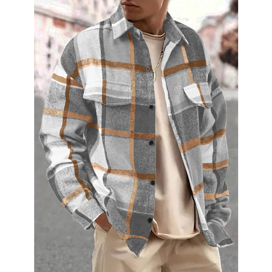 Men’s Full Size Casual Plaid Button Up Shirt with Dual Chest Pockets Plus Light Gray / S Apparel and Accessories