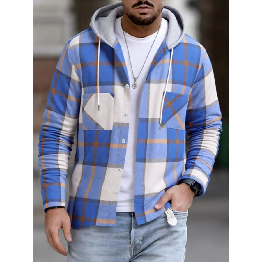 Men’s Full Size Casual Plaid Hooded Shacket with Dual Chest Pockets Plus Blue / S Apparel and Accessories