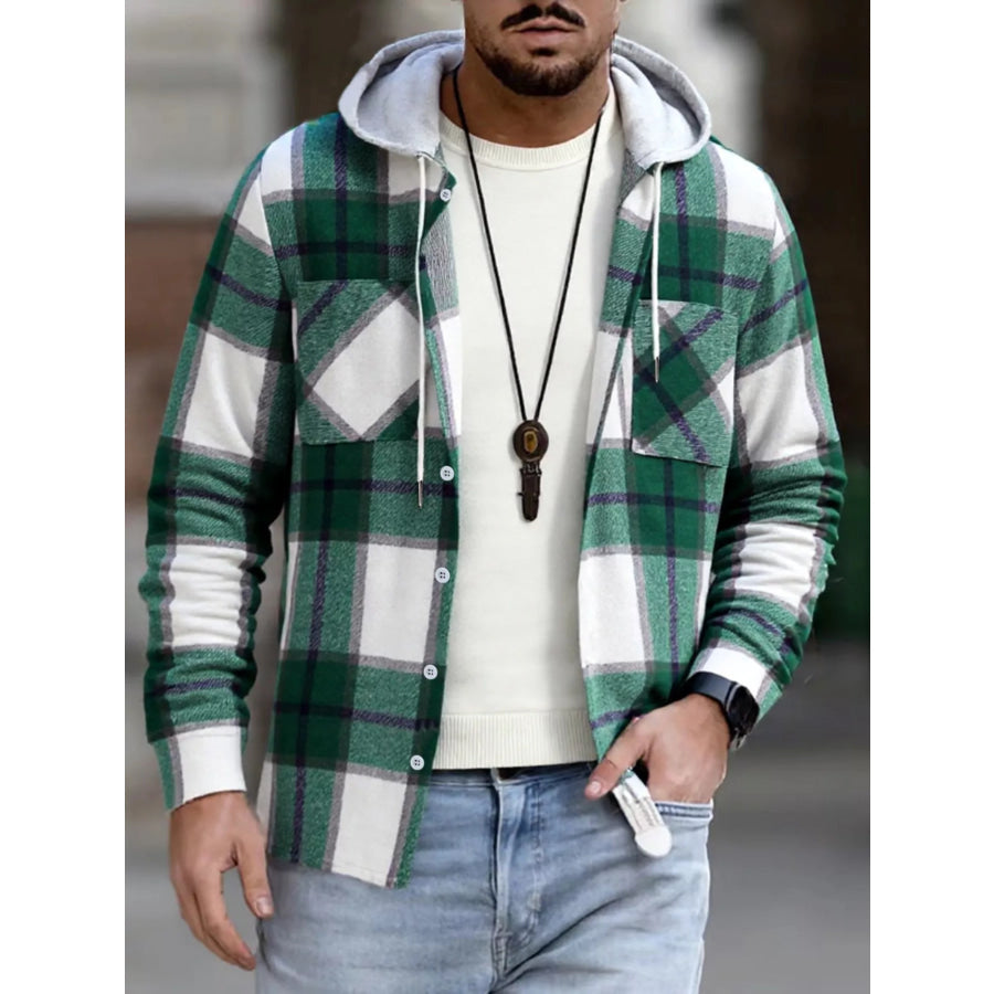 Men’s Full Size Casual Plaid Hooded Shacket with Dual Chest Pockets Plus Green / S Apparel and Accessories