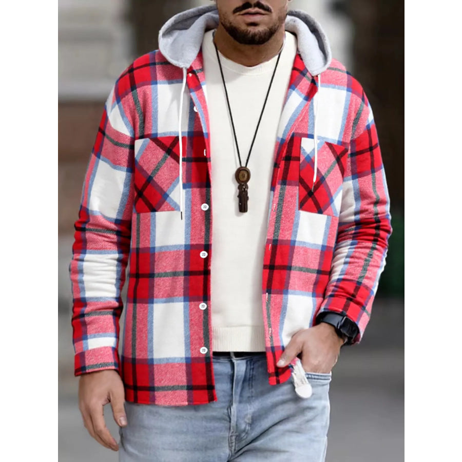 Men’s Full Size Casual Plaid Hooded Shacket with Dual Chest Pockets Plus Red / S Apparel and Accessories