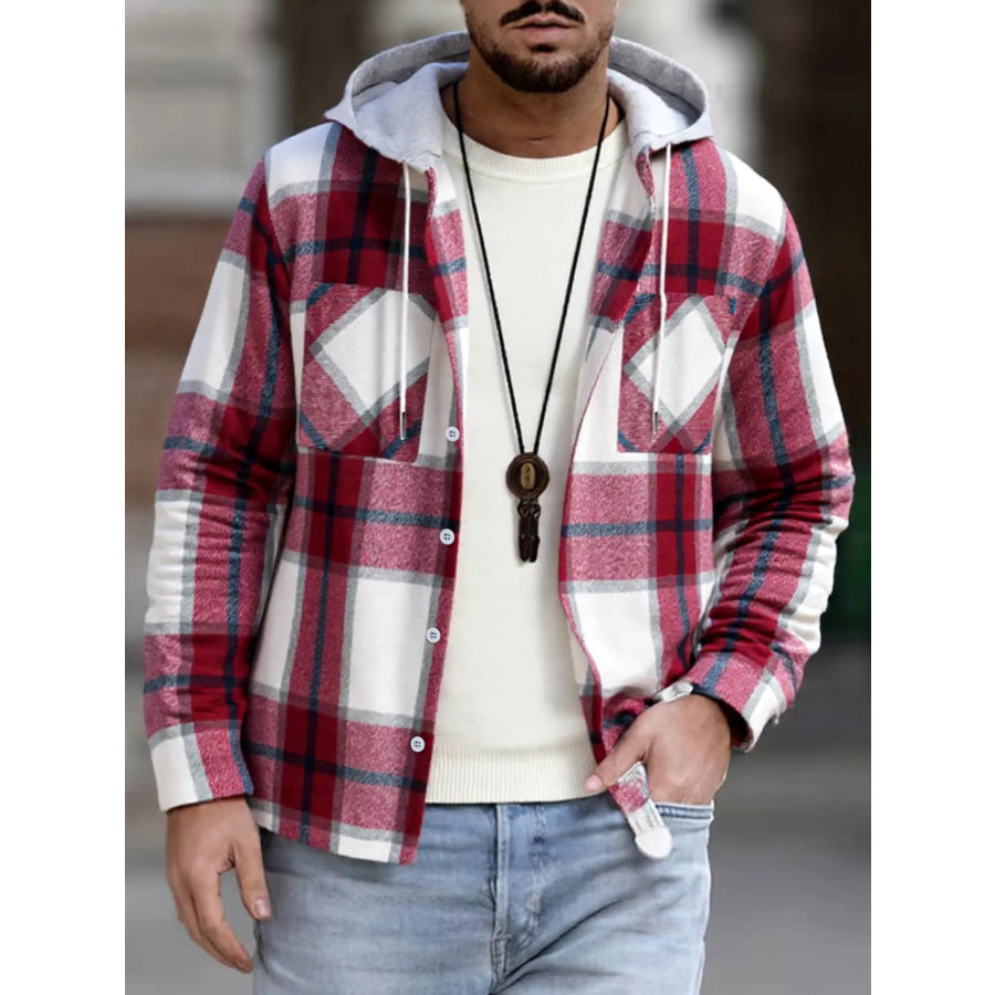 Men’s Full Size Casual Plaid Hooded Shacket with Dual Chest Pockets Plus Wine Red / S Apparel and Accessories
