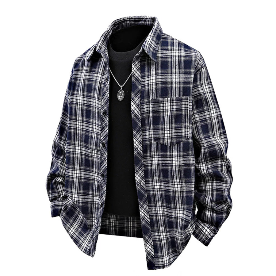 Men’s Full Size Casual Plaid Long Sleeve Shirt Plus Size Blue / S Apparel and Accessories