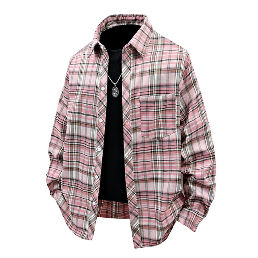Men’s Full Size Casual Plaid Long Sleeve Shirt Plus Size Pink / S Apparel and Accessories