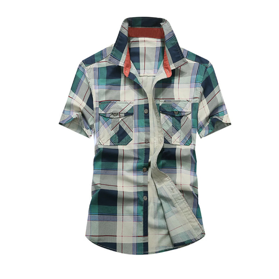 Men’s Full Size Casual Plaid Short Sleeve Shirt Plus Size Turquoise / S Apparel and Accessories