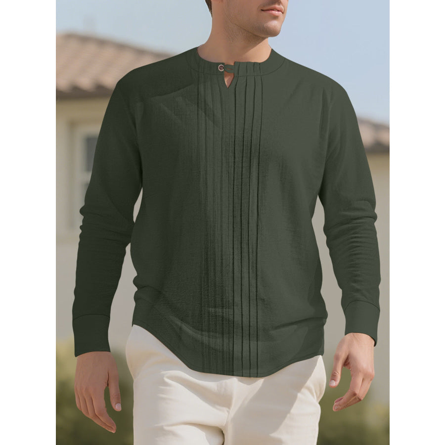 Men’s Full Size Casual Pleated Long Sleeve Blouse Plus Size Black Forest / S Apparel and Accessories