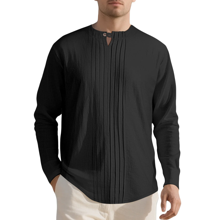Men’s Full Size Casual Pleated Long Sleeve Blouse Plus Size Black / S Apparel and Accessories