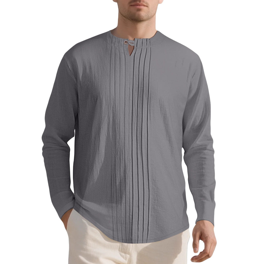 Men’s Full Size Casual Pleated Long Sleeve Blouse Plus Size Grey / S Apparel and Accessories