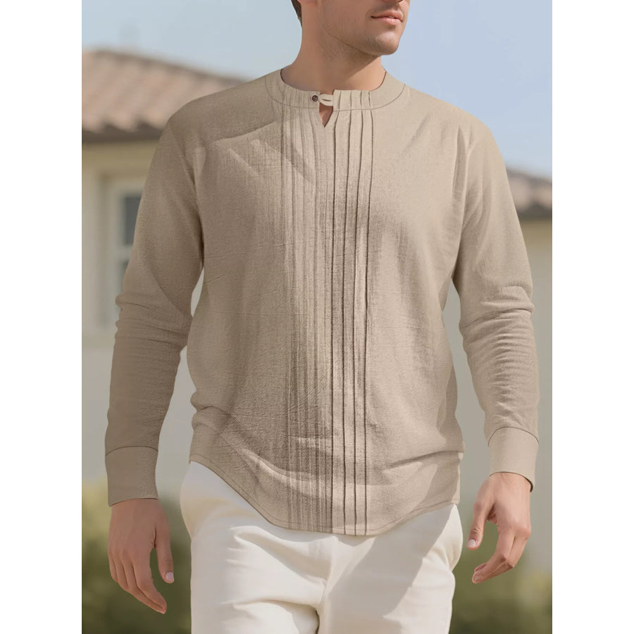 Men’s Full Size Casual Pleated Long Sleeve Blouse Plus Size Khaki / S Apparel and Accessories
