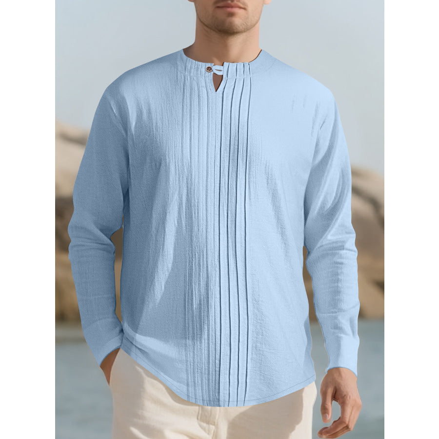 Men’s Full Size Casual Pleated Long Sleeve Blouse Plus Size Light Blue / S Apparel and Accessories