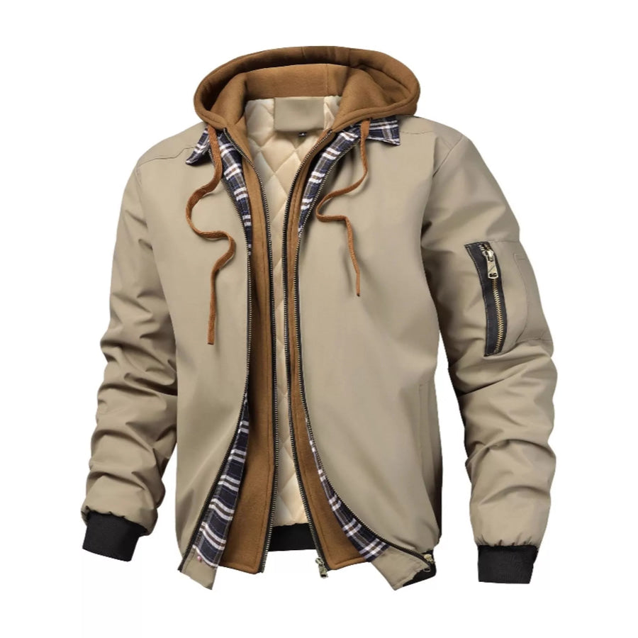 Men’s Full Size Casual Quilted Lined Hooded Bomber Jacket Plus Khaki / S Apparel and Accessories