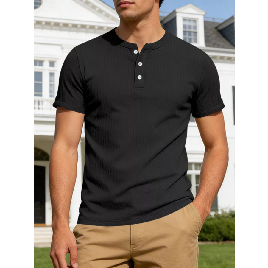 Men’s Full Size Casual Ribbed Henley T-Shirt Plus Size Black / S Apparel and Accessories