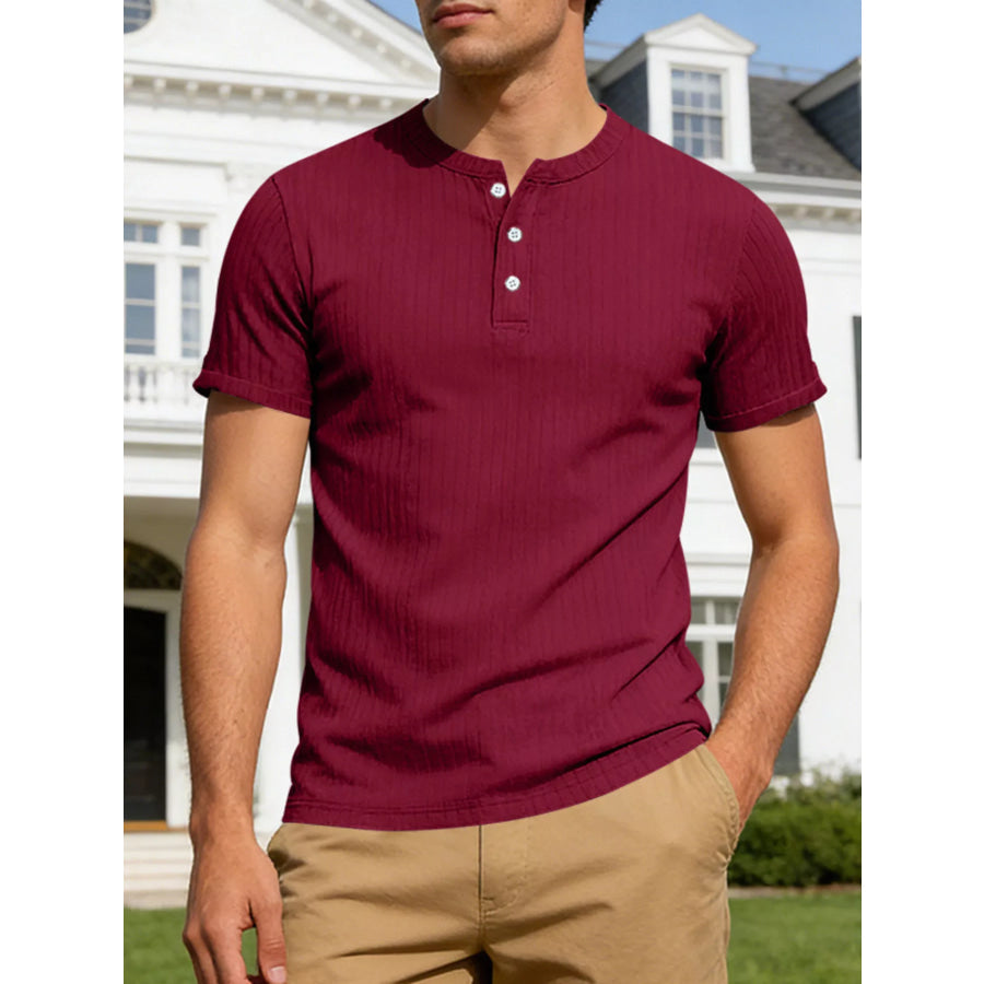 Men’s Full Size Casual Ribbed Henley T-Shirt Plus Size Burgundy / S Apparel and Accessories