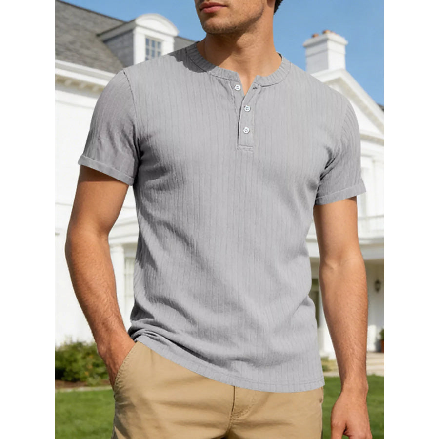 Men’s Full Size Casual Ribbed Henley T-Shirt Plus Size Gray / S Apparel and Accessories