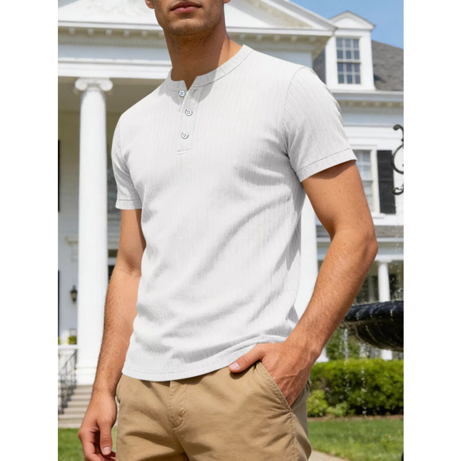 Men’s Full Size Casual Ribbed Henley T-Shirt Plus Size Gray/white / S Apparel and Accessories