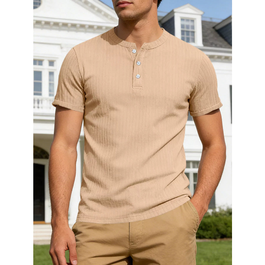 Men’s Full Size Casual Ribbed Henley T-Shirt Plus Size Khaki / S Apparel and Accessories