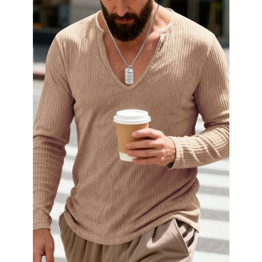 Men’s Full Size Casual Ribbed Long Sleeve T-Shirt Plus Size Apparel and Accessories