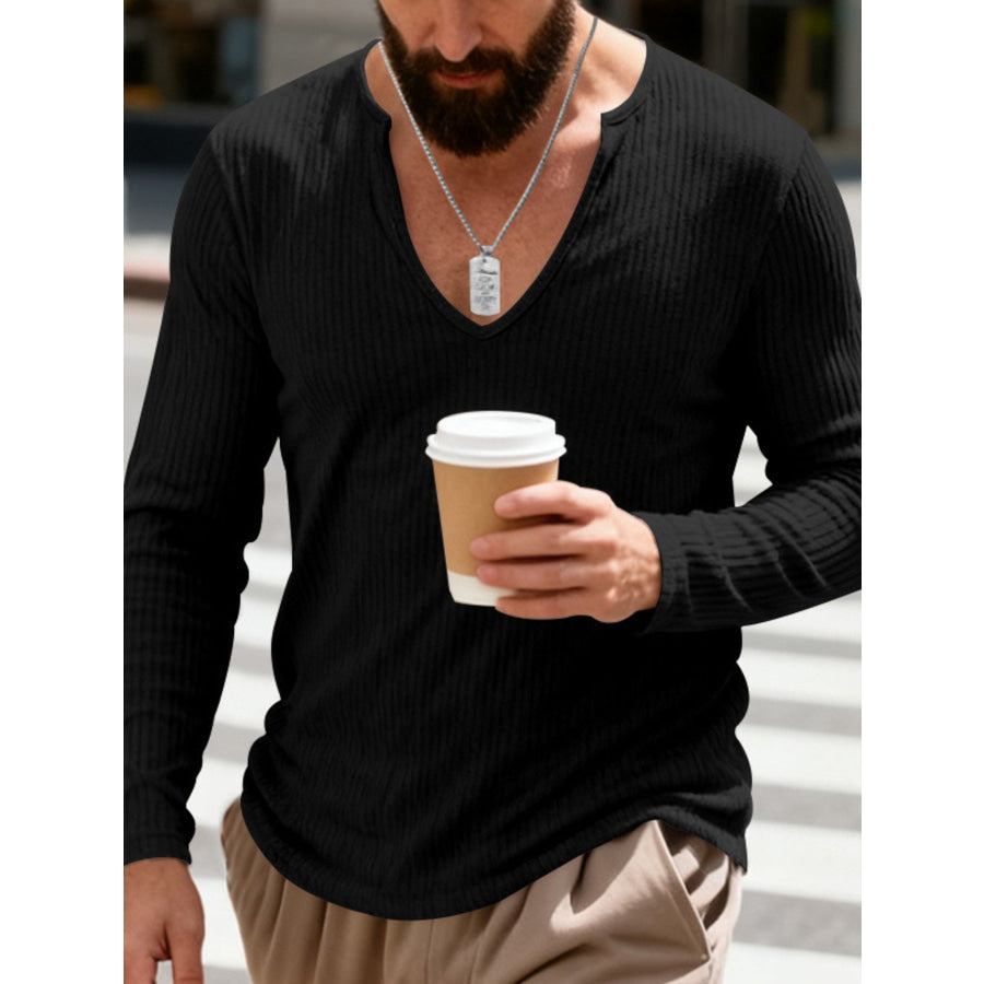 Men’s Full Size Casual Ribbed Long Sleeve T-Shirt Plus Size Apparel and Accessories