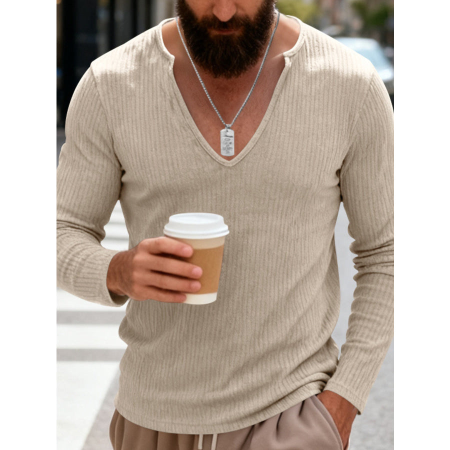 Men’s Full Size Casual Ribbed Long Sleeve T-Shirt Plus Size Apricot / S Apparel and Accessories