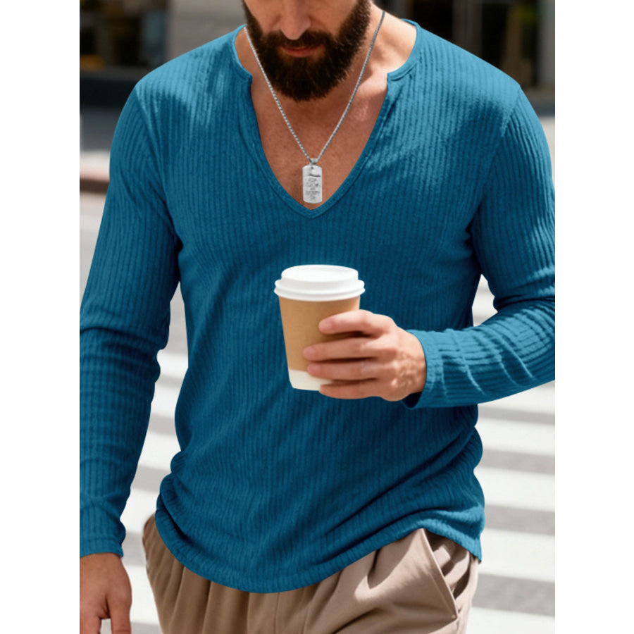 Men’s Full Size Casual Ribbed Long Sleeve T-Shirt Plus Size Denim Blue / S Apparel and Accessories