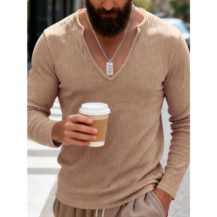 Men’s Full Size Casual Ribbed Long Sleeve T-Shirt Plus Size Khaki / S Apparel and Accessories