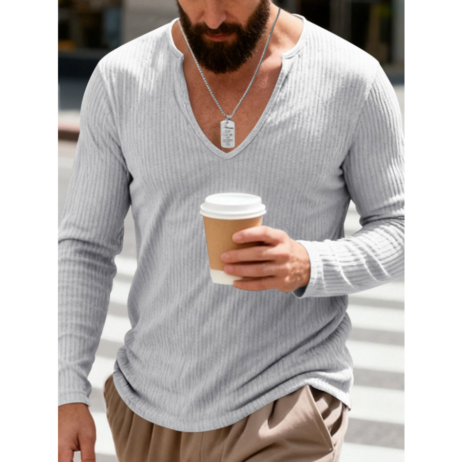 Men’s Full Size Casual Ribbed Long Sleeve T-Shirt Plus Size Light Gray / S Apparel and Accessories