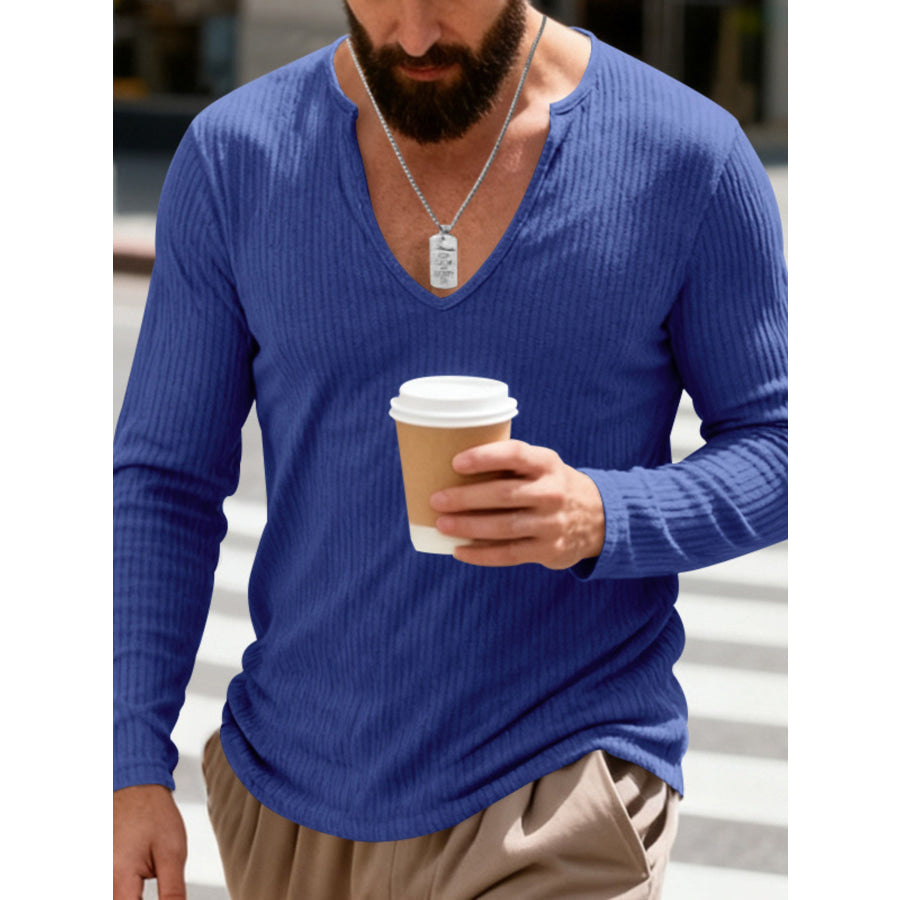 Men’s Full Size Casual Ribbed Long Sleeve T-Shirt Plus Size Royal Blue / S Apparel and Accessories