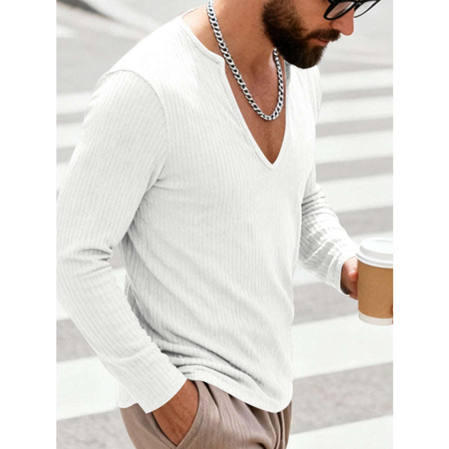 Men’s Full Size Casual Ribbed Long Sleeve T-Shirt Plus Size White / S Apparel and Accessories