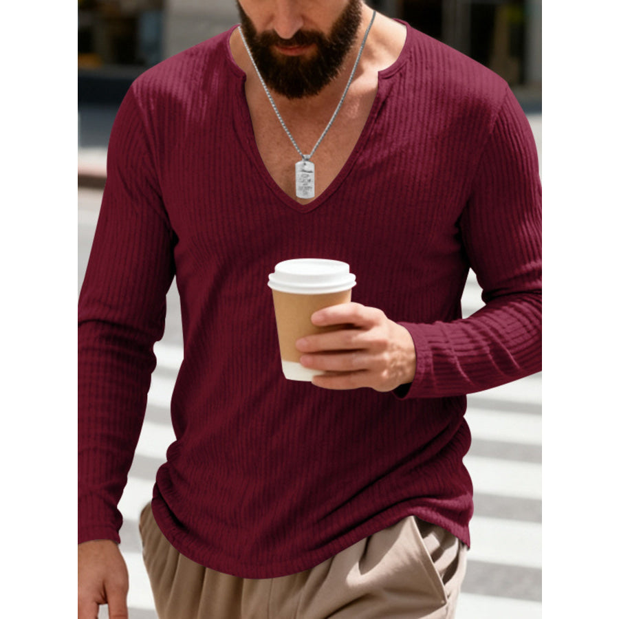 Men’s Full Size Casual Ribbed Long Sleeve T-Shirt Plus Size Wine Red / S Apparel and Accessories