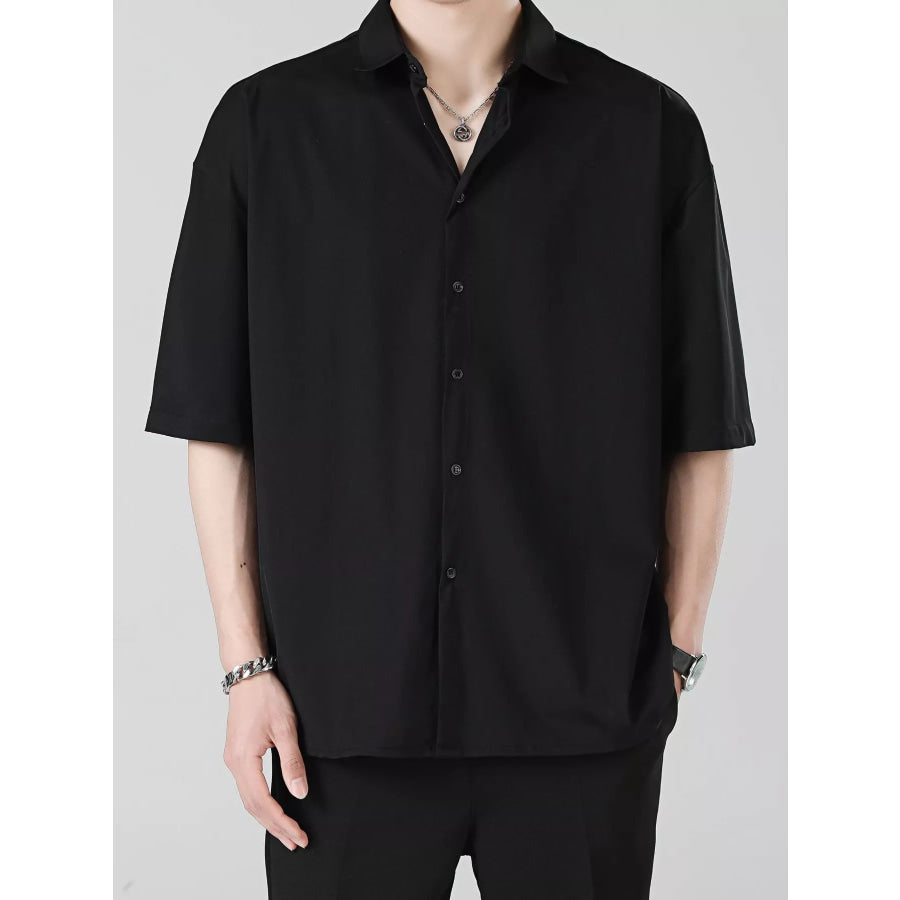 Men’s Full Size Casual Short Sleeve Button-Down Shirt Plus Size Black / S Apparel and Accessories