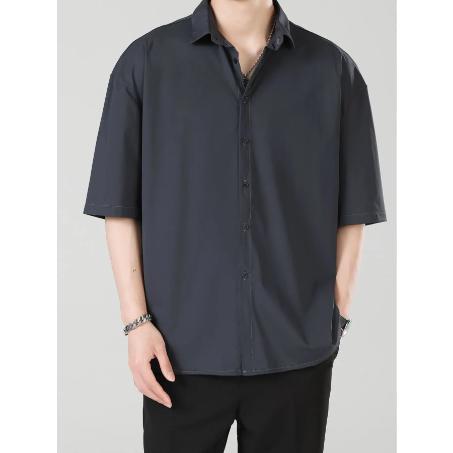 Men’s Full Size Casual Short Sleeve Button-Down Shirt Plus Size Dark Gray / S Apparel and Accessories