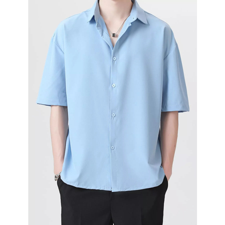 Men’s Full Size Casual Short Sleeve Button-Down Shirt Plus Size Light Blue / S Apparel and Accessories