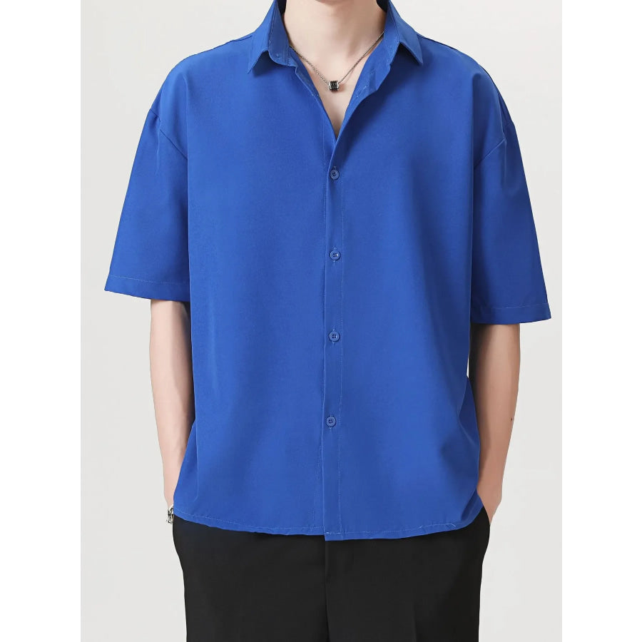 Men’s Full Size Casual Short Sleeve Button-Down Shirt Plus Size Royal Blue / S Apparel and Accessories