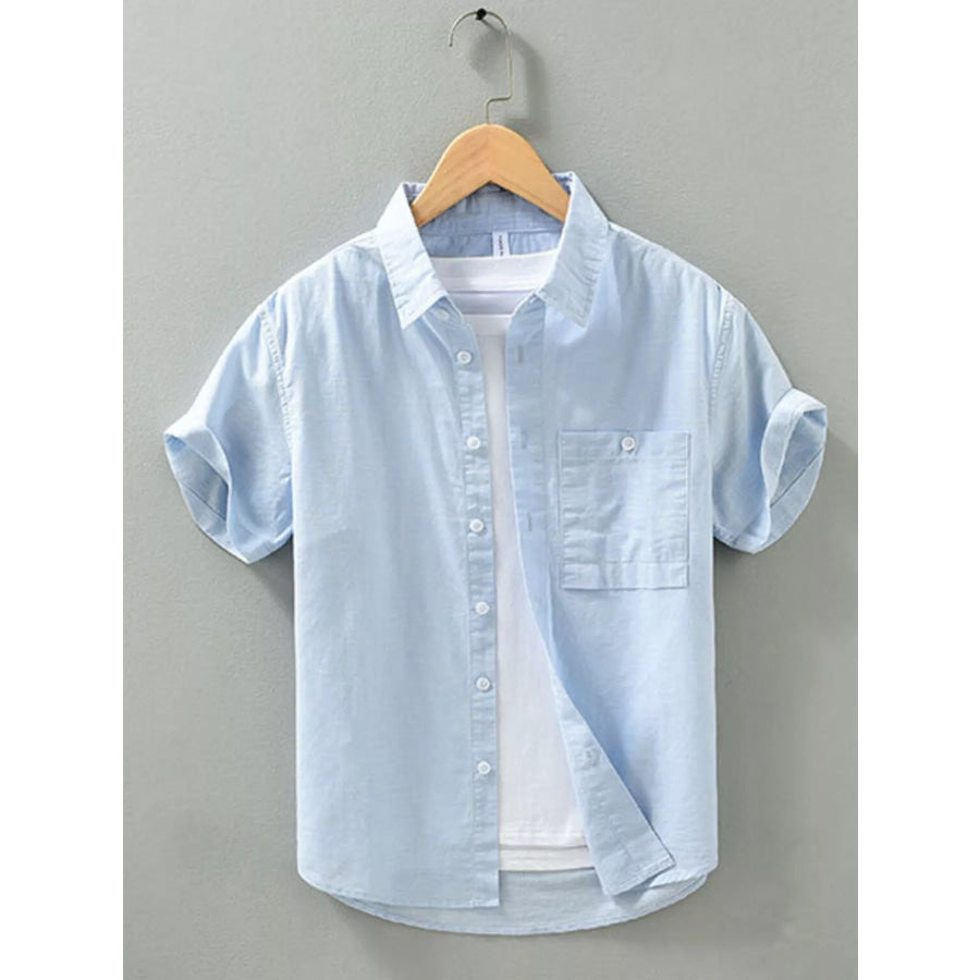 Men’s Full Size Casual Short Sleeve Button-Down Shirt with Chest Pocket Plus Sky Blue / S Apparel and Accessories